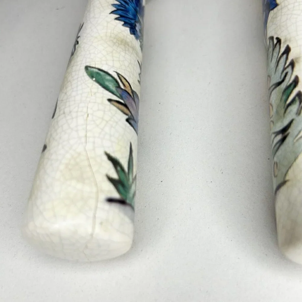Wooden Salad Serving Fork Spoon Set w/ Porcelain Floral/Bird Handles 13